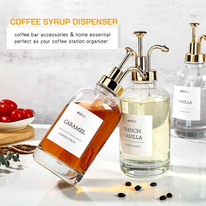 MHDCLY Coffee Bar Accessories, Coffee Syrup Dispenser - 4pack,16.9oz Syrup Dispenser with Labels,Syrup Pump Dispenser for Coffee Bar(Gold Pump)