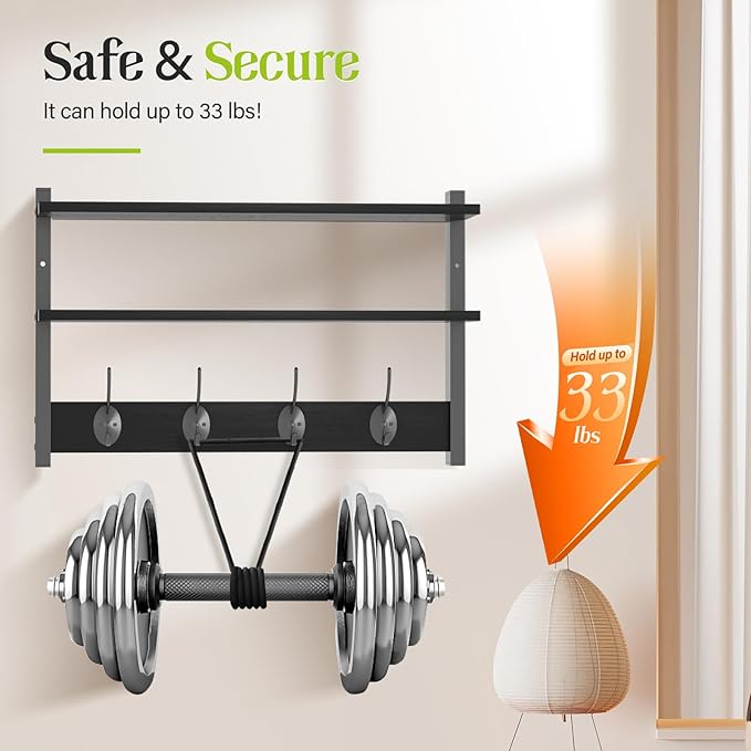 Two-Tier Wall Shelf with Hooks, 17" Coat Rack Wall Mount with Shelf, Entryway Key Hooks for Wall with Heavy Duty Double Hooks, Coat Hook Wall Mounted for Bedroom, Living Room, Black