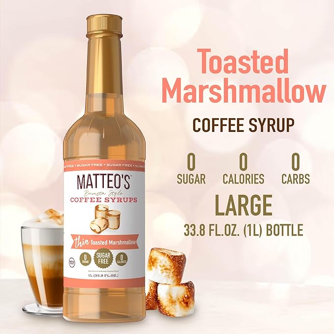Matteo's Toasted Marshmallow Syrup for Coffee, Lattes, Cappuccinos & Desserts – Sugar-Free Sweetener for Beverages, Keto Friendly, Zero Calories, Indulgent Flavor, Non-Alcoholic, 33.8oz (6pk)