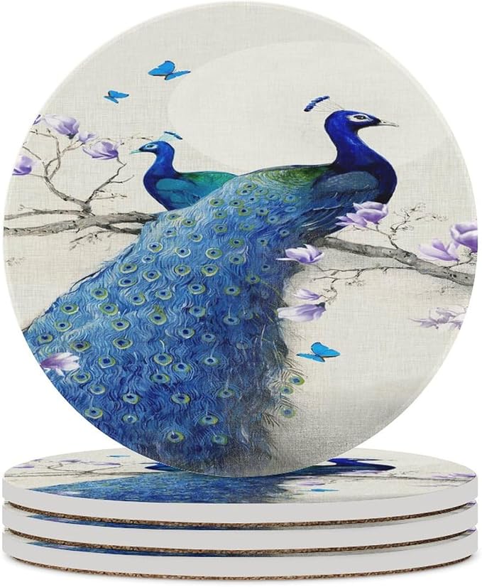 Peacock Drink Coasters, Round Ceramic Drink Coaster Round-4PCS, Vintage Style Beautiful Blue Peacock Floral Decor Absorbent Ceramic Coasters for Beverage Cup, Bar, Coffee Table