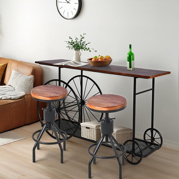 Vintage Industrial Console Table with Wagon Wheel Design, Rustic Wood Top with Metal Frame, 59.1 x 15.75 x 32.28 Inches, Storage Shelf Sofa Table