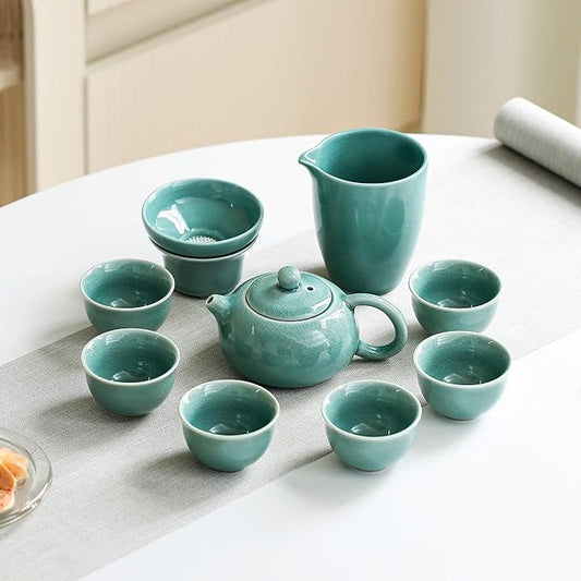 Chinese Tea Set, 10-Piece Ceramic Set with Teapot and Cups, Gongfu Tea Set,Tea Gift Sets,Outdoor and Office (Ge Kiln Green)