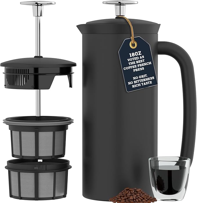 ESPRO P7 French Press Stainless Steel 304 – Patented Double Walled Micro-Filter Insulated French Press Coffee Maker, Grit-Free Brew - Heat Resistant BPA Free - Matte Black (18oz)