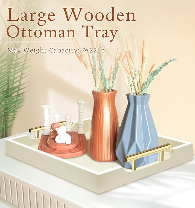 Ottoman Tray for Coffee Table & Couch, Large Wooden Serving Tray with 2 Set of Handles - Modern Farmhouse Rectangle Decorative Tray for Living Room Kitchen Includes 4 Coasters, Off-White/Cream