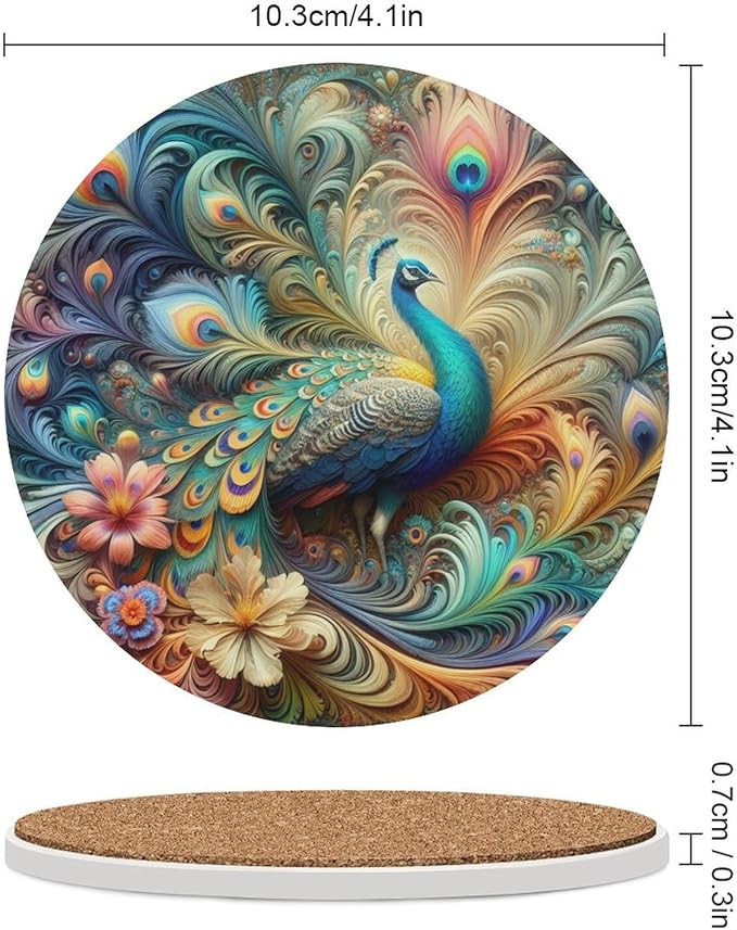 Round-4PCS Peacock Ceramic Coasters, Round Absorbent Drink Coasters, Beautiful Colorful Floral Peacock Art Pattren Ceramic Table Coasters for Coffee, Beverage, Wine, Beer Coasters