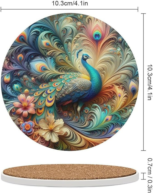 Round-4PCS Peacock Ceramic Coasters, Round Absorbent Drink Coasters, Beautiful Colorful Floral Peacock Art Pattren Ceramic Table Coasters for Coffee, Beverage, Wine, Beer Coasters