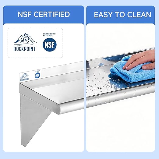 ROCKPOINT Stainless Steel Shelf 18 x 60 Inches 450lb, NSF Metal Commercial Shelves Wall Mount Floating Shelving with Backsplash for Restaurant, Kitchen, Home and Hotel, Silver