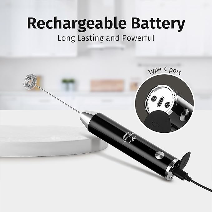 Zulay Kitchen Rechargeable Milk Frother Handheld Lux - Powerful 2-Speed Motor, Waterproof, 2000mAh Battery - Drink Mixer for Latte, Cappuccino, Matcha & Protein Powder - Obsidian Black