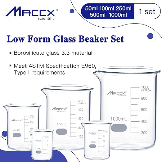 Sturdy Glass Beakers, 5 Sizes of 50ml 100ml 250m 500ml 1000ml,3.3 Borosilicate Griffin Low Form with Printed Graduation, BKLS02-005
