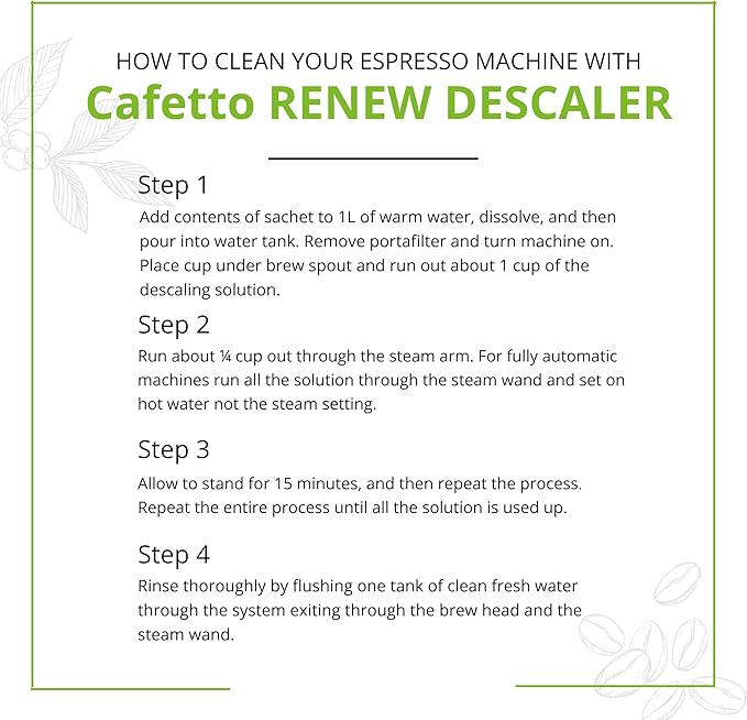 verybarista Renew Descaler (6 x 25g sachets). Designed for espresso machines, boilers and coffee brewers. Safe to use on aluminium, brass and stainless steel