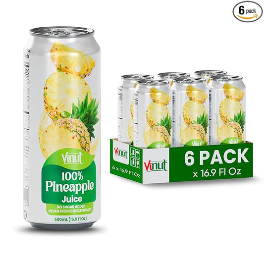 VINUT 100% Pineapple Juice, No Added Sugar, Not From Concentrate, 16.9 fl oz (500 mL) Can, Pack of 6