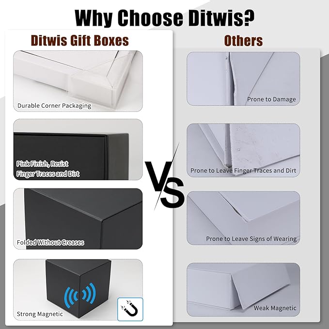 Ditwis 4 Pack 8x8x8 Inches Gift Boxes with Magnetic Closure Lids, Black Magnetic Box for Wedding, Groomsmen Bridesmaid Proposal, Birthdays, Mother's Day