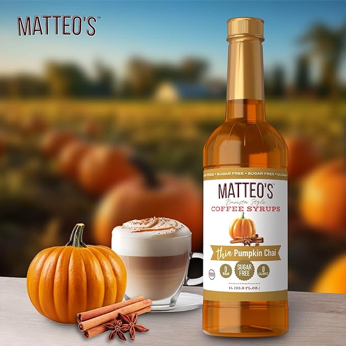 Matteo's Pumpkin Chai Syrup for Coffee, Lattes, Cappuccinos & Desserts – Sugar-Free Sweetener for Beverages, Keto Friendly, Zero Calories, Indulgent Flavor, Non-Alcoholic, 33.8oz (1pk)