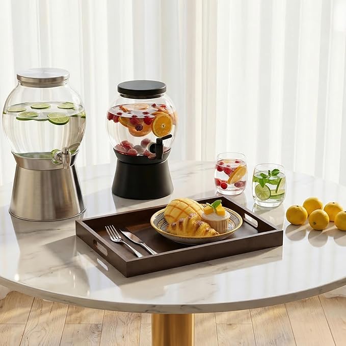 14.9''x10.2''x1.57'' Bamboo Wooden Tray with Handles, Rectangular Natural Solid Wood, Walnut Dark Brown Color Serving Tray.Suitable for Kitchen,Bedroom,Breakfast,Coffee,Decorative,Party Bars.