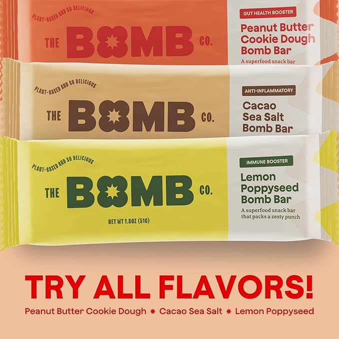 The Bomb Co. Blender Bomb Bar, Peanut Butter Cookie Dough, Superfood Snack Bar for Gut Health, Peanut Butter, Hemp Seeds, Chia Seeds, Flax Seeds, Sea Salt, Aloe Vera, Vegan Chocolate Chips, 9 Bars
