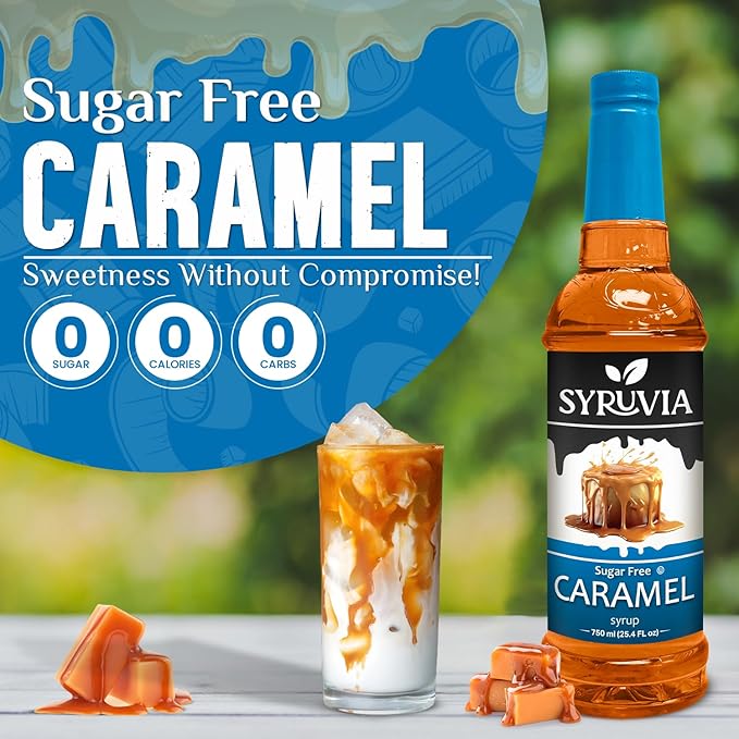 Syruvia Sugar-Free Caramel - 25.4 fl oz. Premium Coffee Flavoring Syrup. 0 Calories, Kosher, and Gluten-Free. Perfect for Drinks, Sodas, Shakes, Desserts, and More With Pump (Pack of 4)