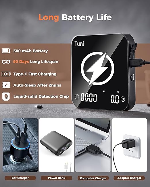 Tuni Rechargeable Mini Coffee Scale with Timer, 2kg/0.1g Accurate Espresso Scale for Espresso and Pour-Over Coffee, Portable Digital Kitchen Scale with Automatic Timing, Black