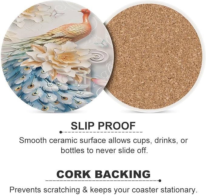 Peacock Drink Coasters, Round Ceramic Drink Coaster Round-4PCS, Vintage Country Flower Beautiful Peacock Floral Decor Absorbent Ceramic Coasters for Beverage Cup, Bar, Coffee Table