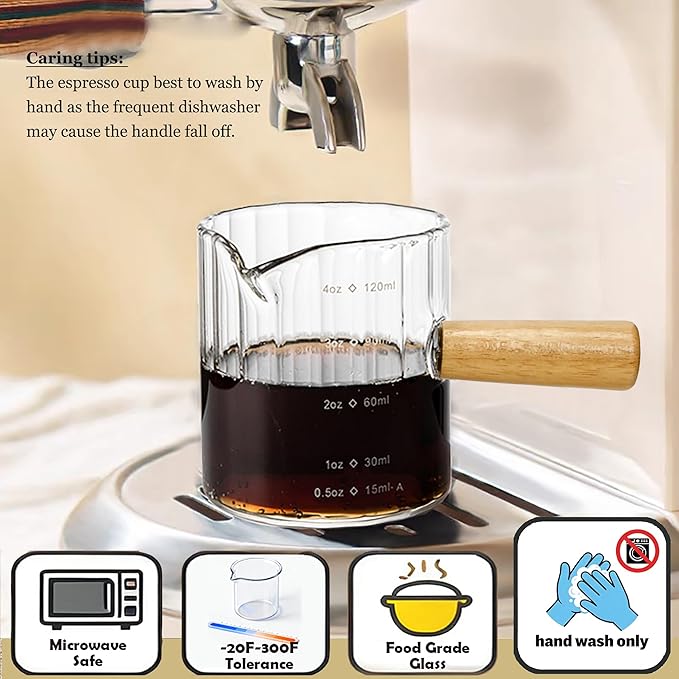 Espresso Cups Set of 2, 4 OZ Espresso Shot Glasses with Wood Handle, V-Shaped Spouts Cups, Ribbed Milk Frothing Pitcher, Glass Measuring Cup, Coffee Espresso Accessories, Demitasse Cups, Small (Clear)