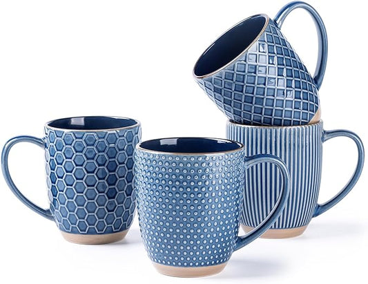 GBhome Large Coffee Mugs Set of 4, 16oz Handmade Embossed Coffee Mugs Set with Large Handle for Cappuccino/Latte/Tea/Hot Cocoa, Dishwasher & Microwave Safe, Blue