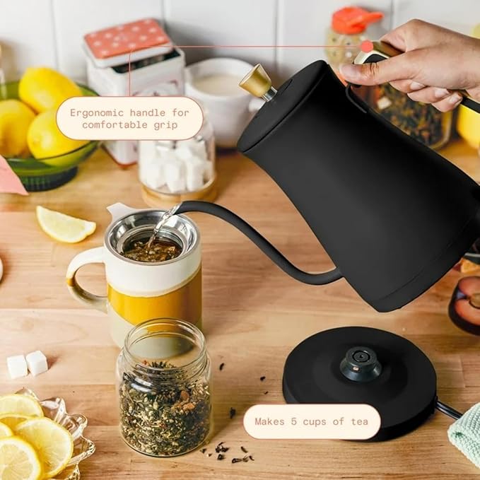 Electric Gooseneck Kettle 1 Liter 1200W, Stainless Steel, Pour Over Coffee Tea, Auto Shut-Off, 360° Cordless Power Base (Black Sesame)