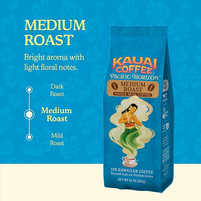 Kauai Coffee Whole Bean Coffee – Smooth, Non-Bitter Pure Arabica – Light Floral Notes & Bright Aroma – Grown on Hawaii's Largest Coffee Farm – Koloa Estate Medium Roast, 1 Pack of 10oz