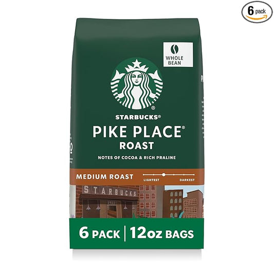Starbucks Whole Coffee Beans, Medium Roast Hot or Iced Coffee, Pike Place Roast, Six 12 oz Bags