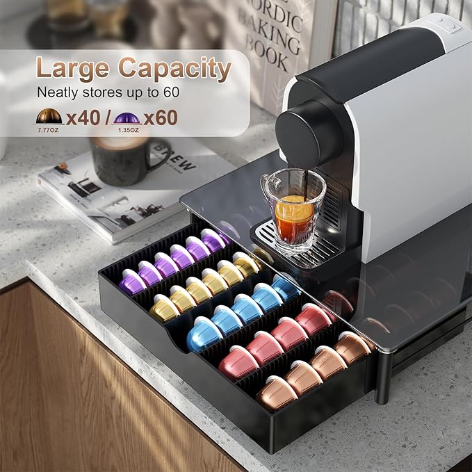 gianotter Crystal Tempered Glass Vertuo Pod Holder Drawer, Compatible with Nespresso Vertuo Capsules, Compatible with 40 Large or 60 Small Nespresso Capsule Organizer (Black)