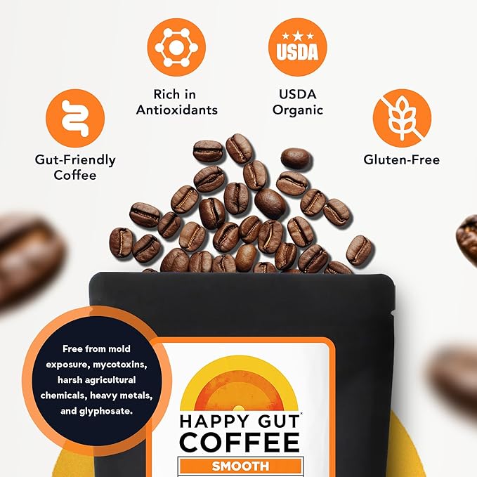 Happy Gut Coffee - Doctor-Formulated, Organic Medium-to-Dark Roast Coffee - Gut-Friendly - Gentle on Stomach - Rich Flavor, Gluten-Free, No Bitterness - 12oz - SMOOTH - Whole Bean