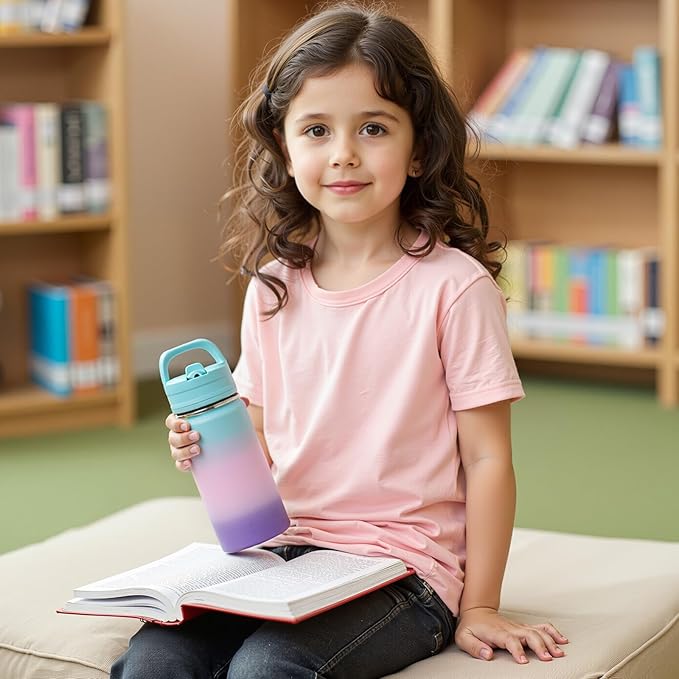 12oz Kids Water Bottle for School, Toddler Water Bottles with Straws, Insulated Water Bottles for Boys&Girls, Stainless Steel Vacuum Insulated Bottle for Kids, Leak-Proof, BPA-Free, aurora