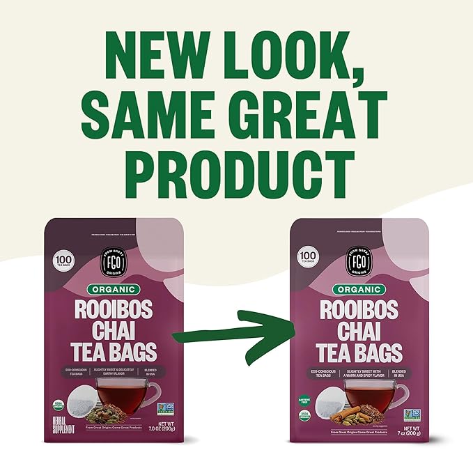 FGO Organic Rooibos Chai Tea, 100 Count, Eco-Conscious Tea Bags, Resealable Bag, Packaging May Vary (Pack of 1)