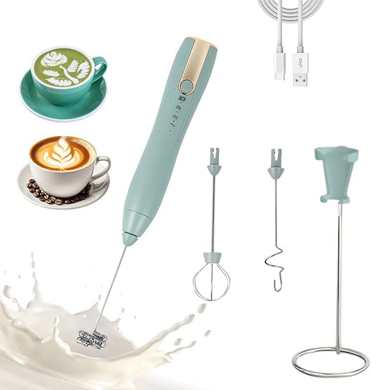 Rechargeable Milk Frother Handheld,Kitchen Essentials Hand Mixer with 3 Stainless Whisks Heads,Electric Whisk Frother for Latte, Cappuccino,Matcha, Egg, Milk Powder,with Stand (green)