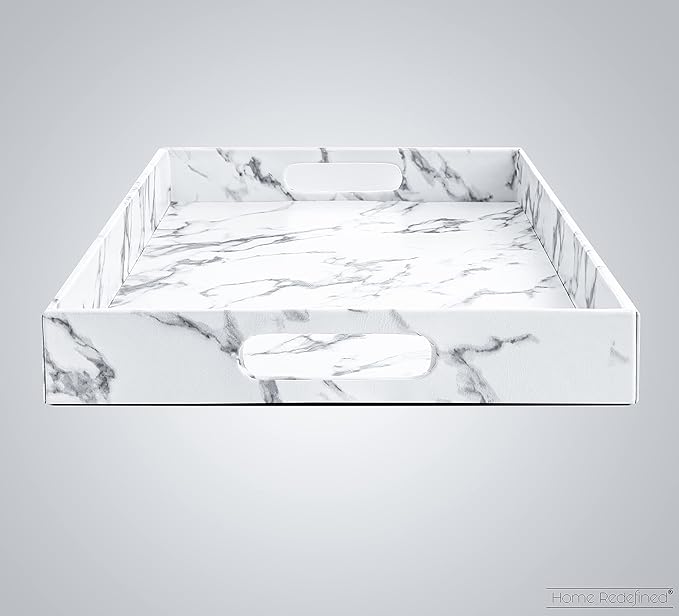 Modern Elegant 17.5"x12" Rectangle White Marble Faux Leather Decorative Tray Ottoman Coffee Table Perfume Living Room Kitchen Serving Tray Display Vanity with Handles for All Occasion's