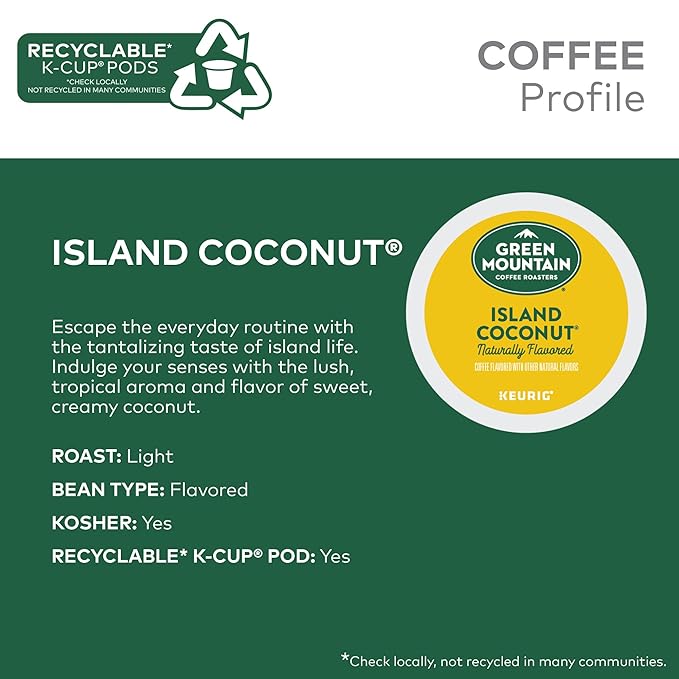 Green Mountain Coffee Roasters Island Coconut Keurig Single-Serve K-Cup Pods, Light Roast Coffee, 96 Count (4 Packs of 24)
