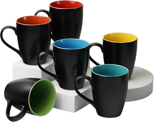Servo Best Black Coffee Mugs 12 oz, Set of 6 Matte Black Outside and Multicolour Inside Ceramic Mugs - Lead & Toxic Free, Dishwasher & Microwave Safe, Perfect for Home & Office Use