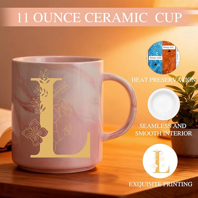 Monogrammed Christmas Gifts for Women, 11 oz Initial Ceramic Coffee Tea Mug with Necklace, Unique Birthday Gift for Her Wife Teacher Friend Mom, L