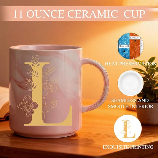 Monogrammed Christmas Gifts for Women, 11 oz Initial Ceramic Coffee Tea Mug with Necklace, Unique Birthday Gift for Her Wife Teacher Friend Mom, L