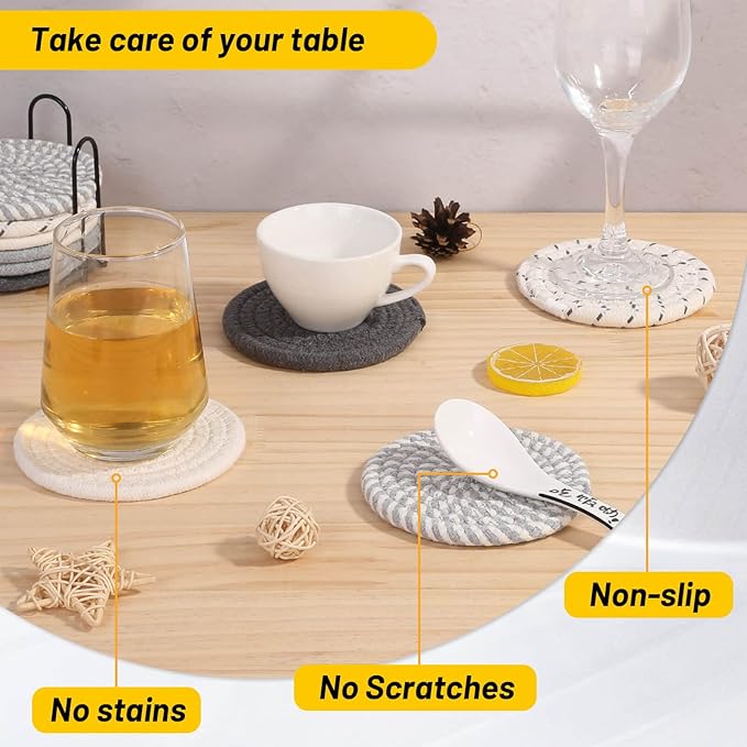 Billbotk 10 Pieces Coasters for Drink Absorbent, 5 Colors Drink Coasters with Holder, Woven Coasters Set for Coffee Table, Wooden Table Decor, Home Decor, 4.3 Inches
