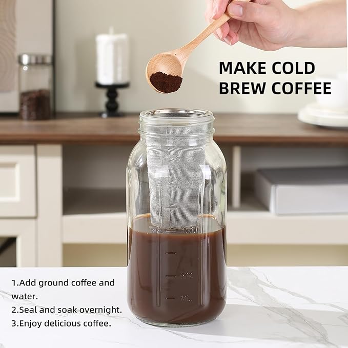 64 oz Cold Brew Coffee Maker, Glass Mason Jar Pitcher with Pour Spout Handle Lid with Stainless Steel Filter with Cleaning Brush, for Ice Tea, Leak Proof Half Gallon Storage Container (Black)