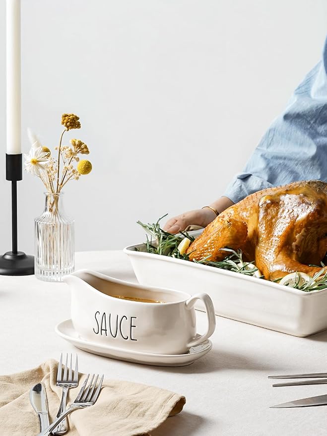 LE TAUCI Gravy Boat with Saucer Stand 16oz, Ceramic Sauce Boat with Tray for Salad Dressings, Creamer, Broth, Black Pepper, Set of 1, Oyster White