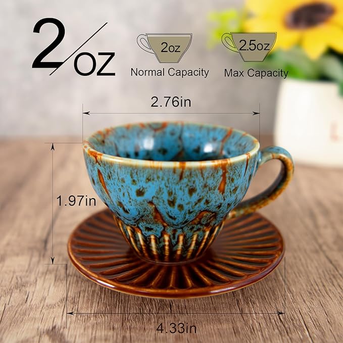 YINUOWEI 2 oz Espresso Cups Set of 6, Ceramic Cappuccino Cups with Saucers, Stackable Coffee Cup for Macchiato, Single shot, Tea, Coffee Lover Gifts, Glazed Blue