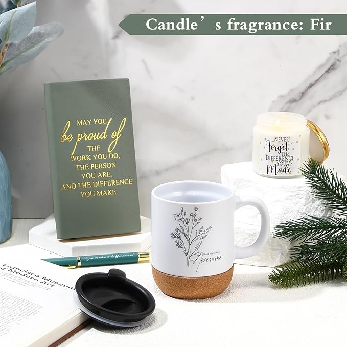 4 Pcs Thank You Gift Set for Men Women Employee Coworker Gifts Inspirational Appreciation Notebook Coffee Mug Scented Candle Pen for Valentine's Day Team Office Staff Teacher Volunteer Nurse