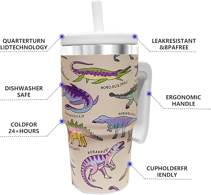 2PCS 20-OZ Insulated Water Bottle,Insulated Stainless Steel Tumbler,Reusable Cold Drink Thermos,BPA-Free, Double-Wall Stainless Steel Water Bottle (Cream-Dinosaurs, 20, Fluid Ounces)