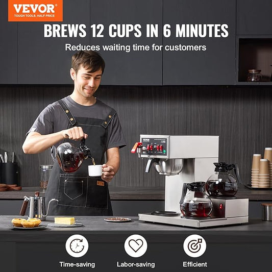VEVOR 12 Cups Commercial Drip Coffee Maker, Coffee Maker Machine with 3 Glass Carafes and 3 Warmer Plates, Stainless Steel Pour Over Coffee Brewer with Auto Water Intake, for Restaurant Office Cafe