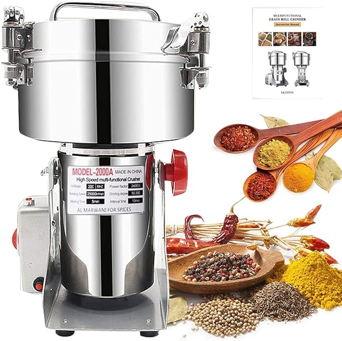 2000g Electric Grain Grinder Spice Grain Mill Stainless Steel 30s 28000RPM High Speedy Grinding with Overload Protection& 5min Timer Mill for Dry Spice Herbs/Nut/Coffee/Rice