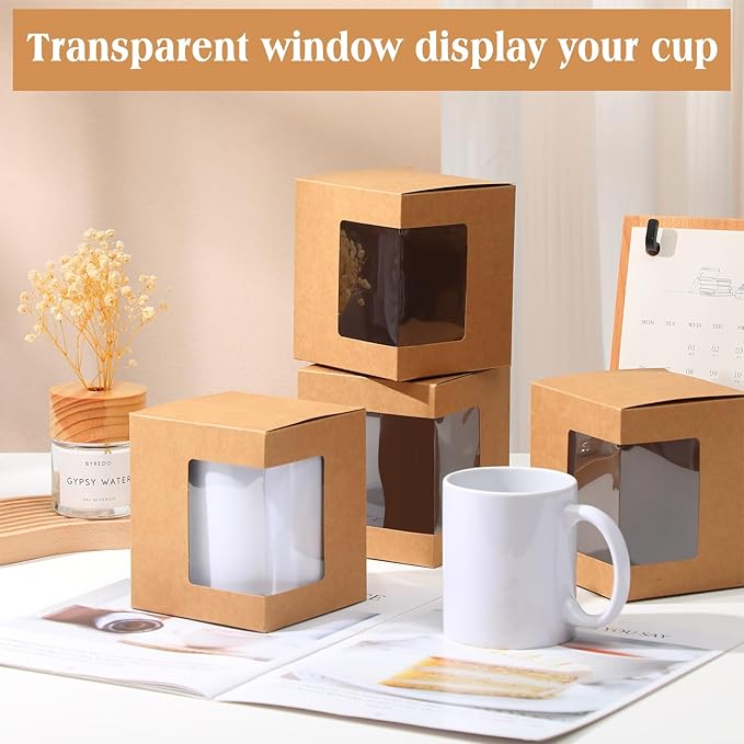 Harloon 72 Pcs Mug Boxes for Gift - Transparent Packaging Box - 11oz, 12oz, 15oz Ceramic Blank Coffee Mugs - Kraft Brown