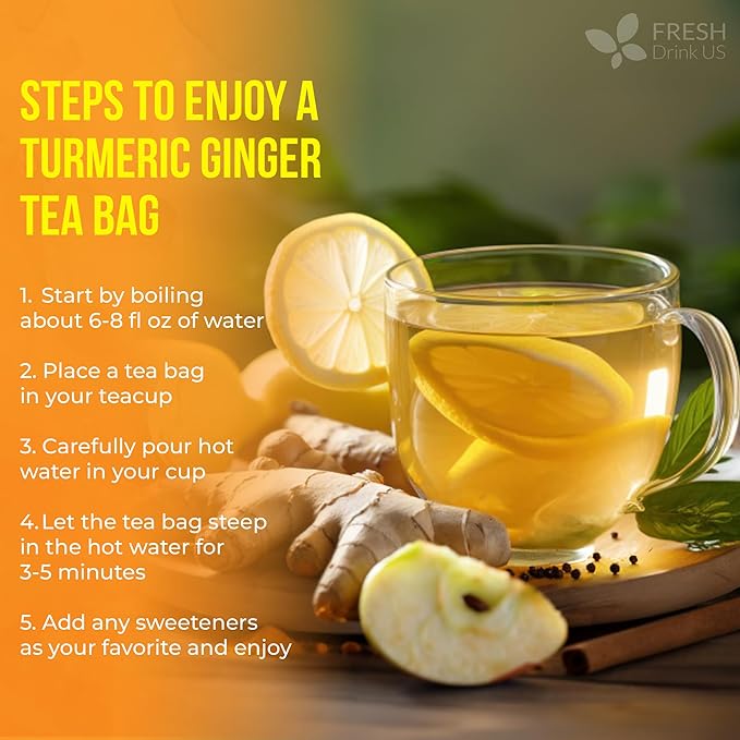 FreshDrinkUS, Premium 135 Turmeric Ginger Tea Bags, 100% Natural Ingredients, Hand-made Blend of Turmeric and Ginger Herbal Tea, Eco-conscious Tea Bags. No Sugar, No Caffeine, No Gluten, Vegan.