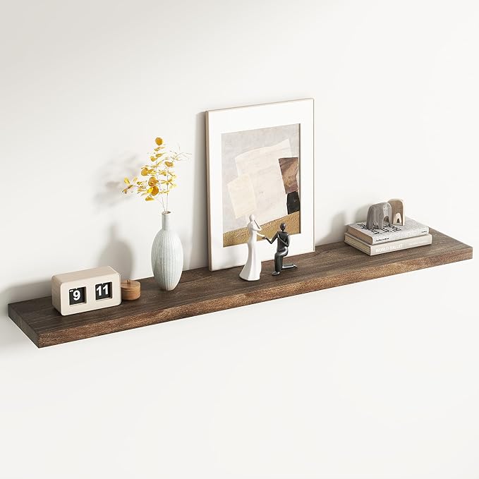 Reclaimed Elm Wood Floating Shelf for Wall, Flat Edge 55"W x 9.2"D x 1.4"H, 1 Pack with Invisible Bracket, Large Wall Mounted Shelf for Living Room Bedroom Kitchen Bathroom Decor, Walnut Finish