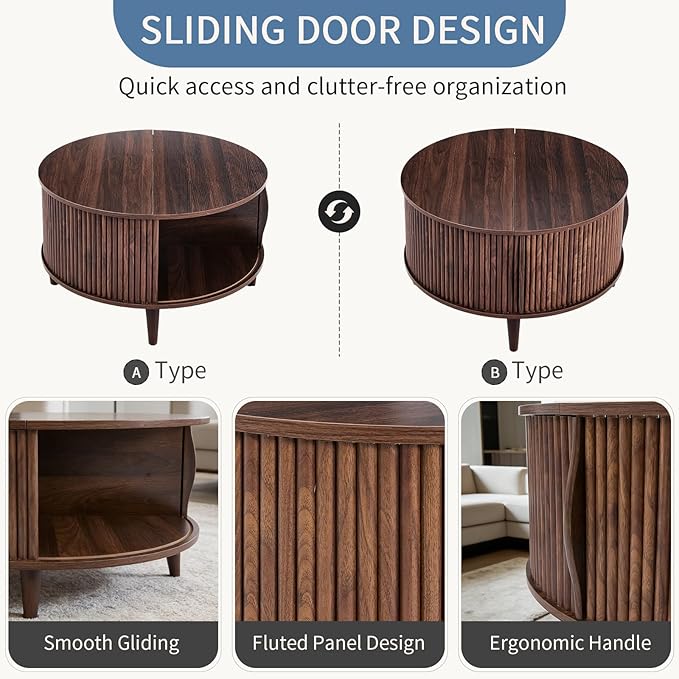 DUMOS Coffee Table, Round Coffee Tables with Storage, Fluted Center Table for Living Room, 31.69" Mid Century Modern Table with Sliding Cabinet Door, 2-Tier Rustic Wood Desktop, Brown