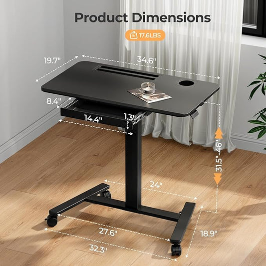 Mobile Standing Desk with Drawer, 35" Small Standing Desk with Cup Holder, Rolling Laptop Cart on Wheels, Height Adjustable Table with Storage for Home Office, Black